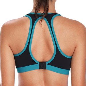 Private Label Sports Bra High Impact Racer Cut-Out Striped AQUA NEW - ALL SIZES!
